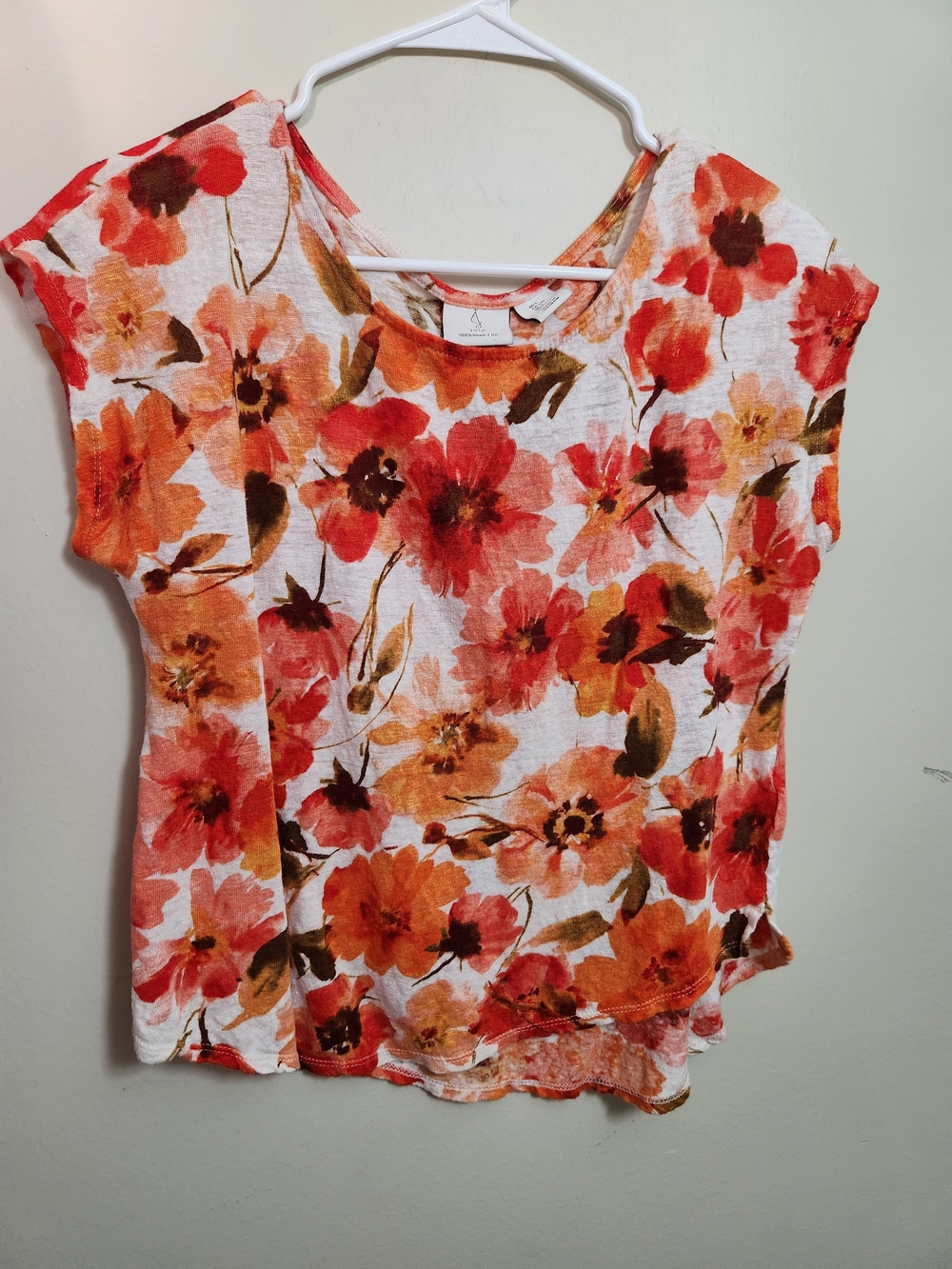 Joie Short Sleeve Floral Tee in Orange and Red Linen L Large